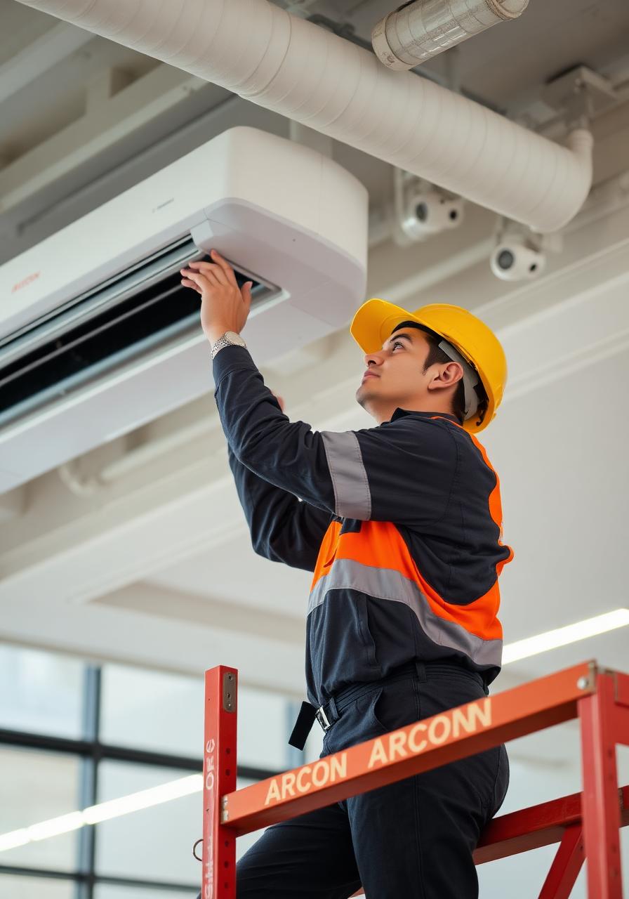 Equipe ARCON em andaime executando ar-condicionado e pintura