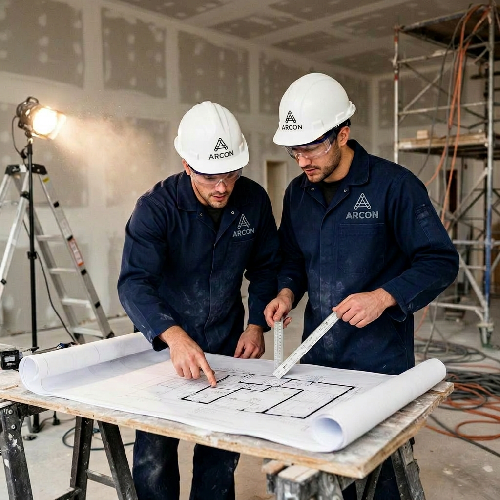 Engenheiros ARCON analisando projeto no canteiro